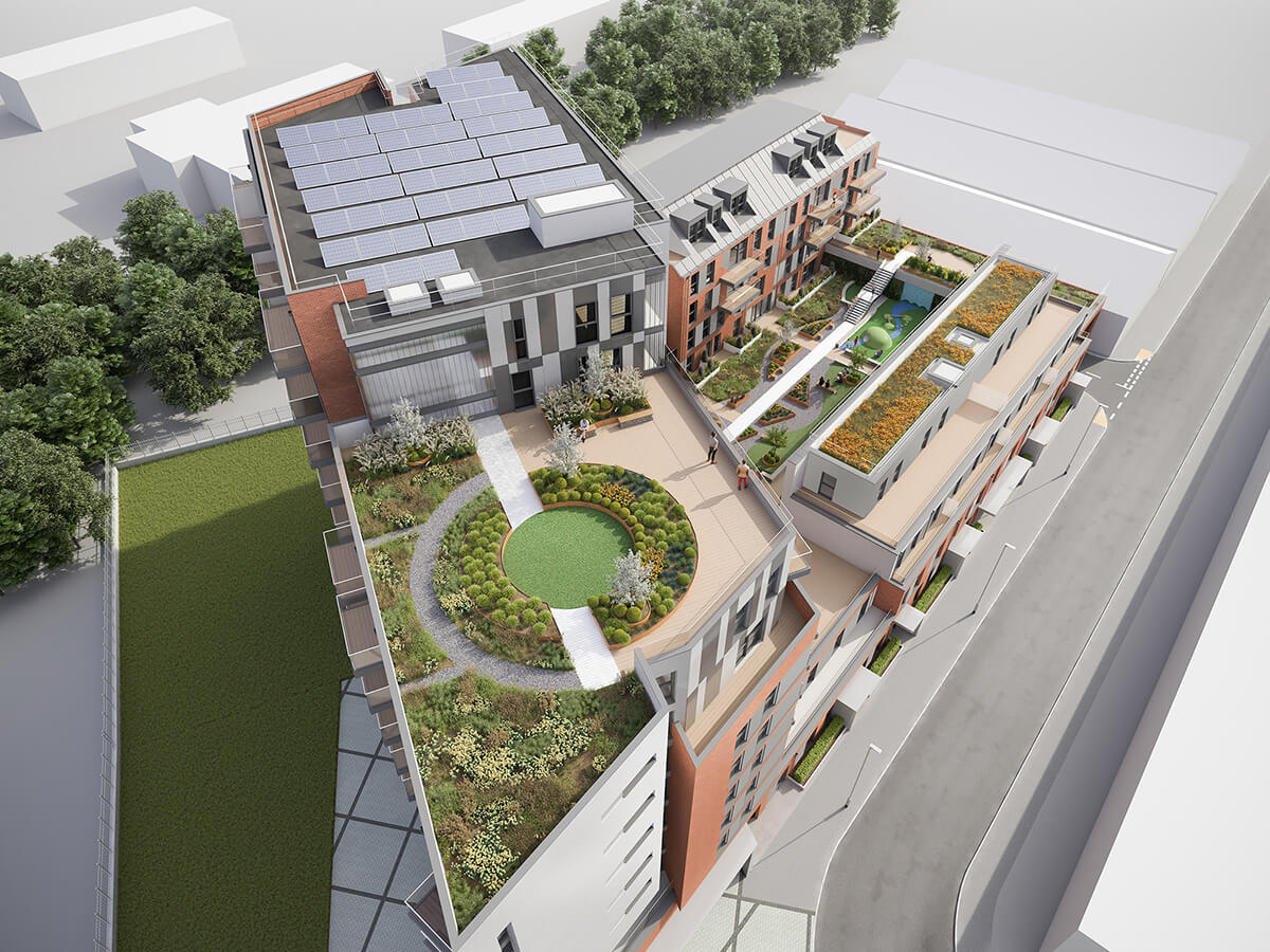 View of 9th, 2nd and 1st floor roof gardens incorporating a rich variety of trees, shrubs and pernnials in raised corten steel planters. This view shows the 9th storey in the foregorund with a 9th storey balcony view over West London. Roof gardens designed by Natural Dimensions Landscape Architecture and Urban Design