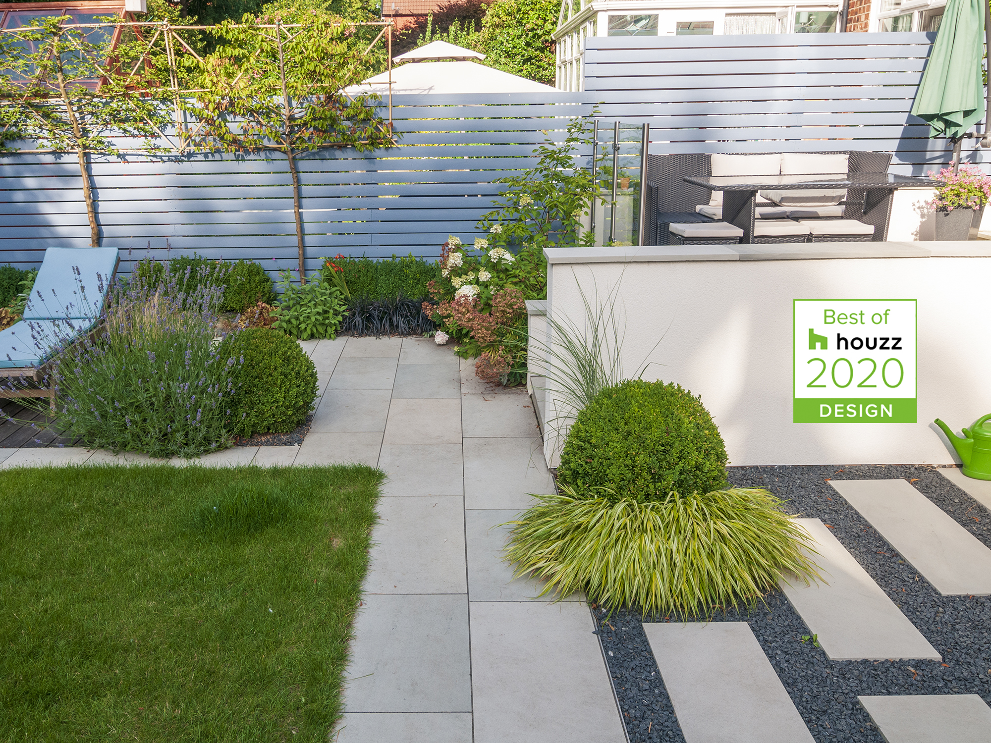 garden with box ball, Japanese forest grass, ophiopogon , Miscanthus, lavender, rattan and japanese stepping stones houzz award 2020