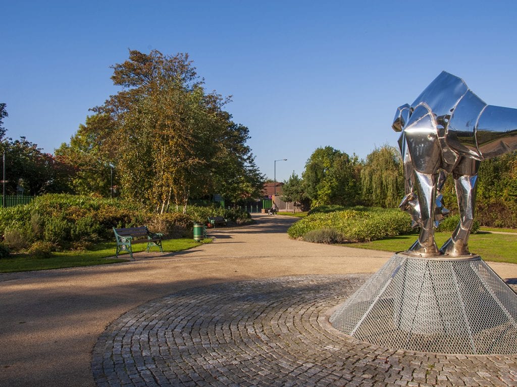 View of Close Park northern pedestrian entrance and Mark Jalland sculpture by Natural Dimensions
