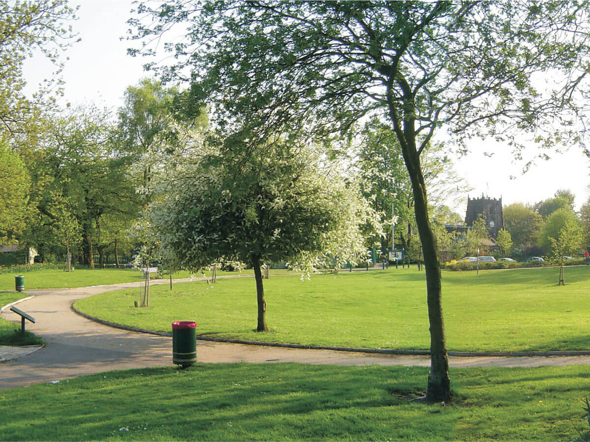 View of new park frontage green space and aroboretum