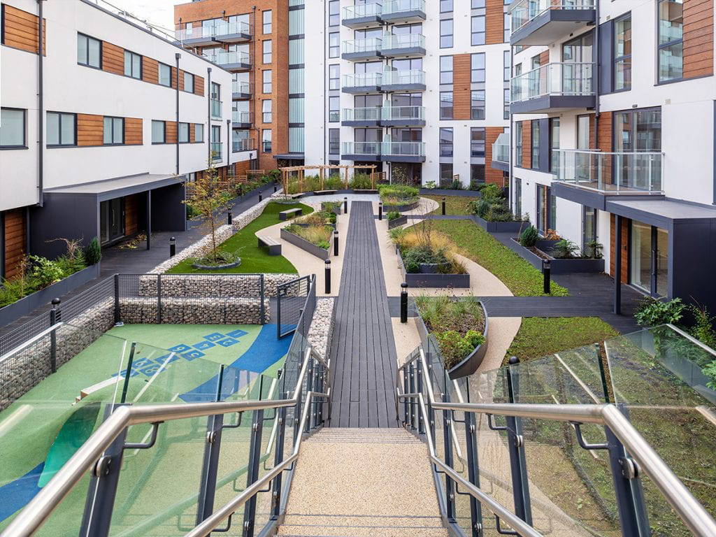 stairs from second floor roof garden to first floor roof garden on central axis through roof gardens which runs through curved raised beds and play area