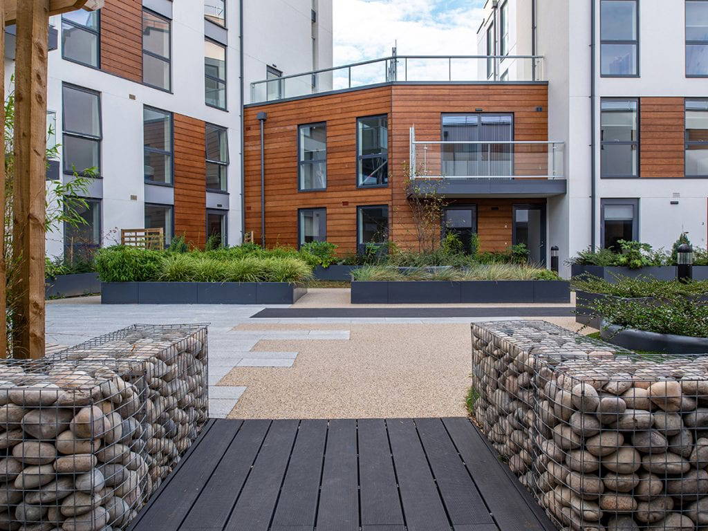 gabion wall and raised planters with carex and bamboo and cedar panels on building