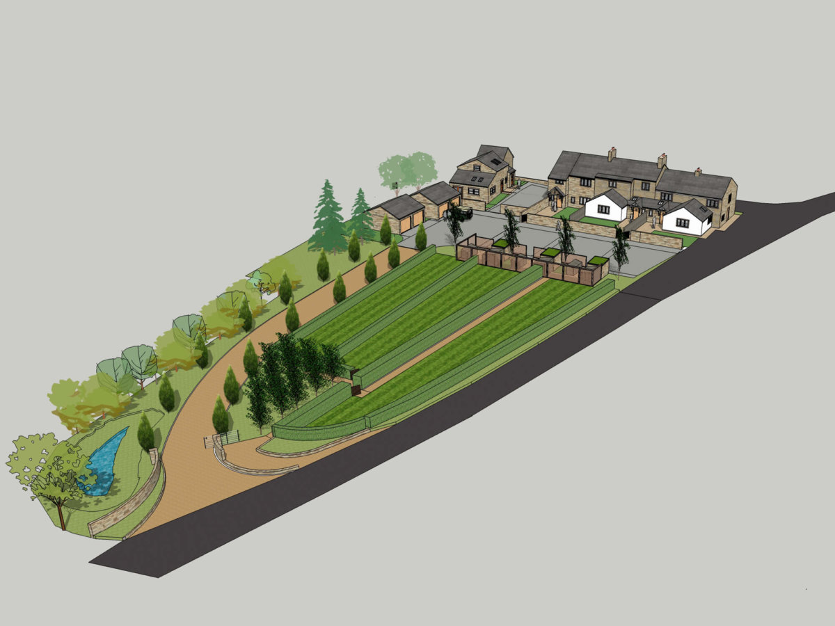 Moorfield Mews housing layout, pub redevelopment and landscaping with car parking mews, driveway entrance and detention pond.