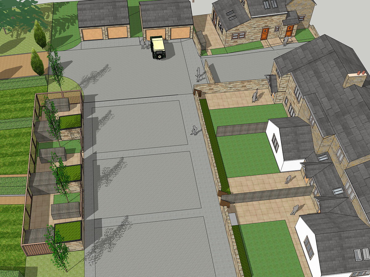 Moorfield Mews housing layout, pub redevelopment and landscaping with car parking mews and driveway entrance.