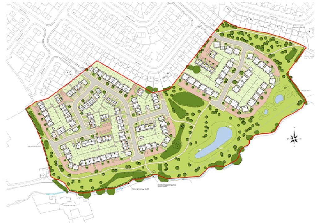 Plans include hedgerows, woodland, attenuation ponds, replacment newt ponds, specimen trees, play areas and a park area with enhanced river habitat.