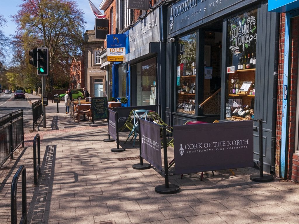 seating at Leoni's and Cork of the North outdoor seating street on Heaton Moor Road post lockdown