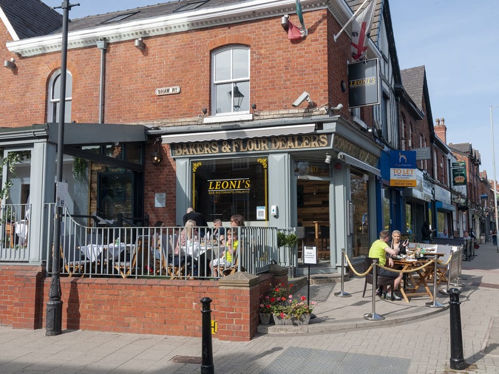 Leoni's outdoor seating street on Heaton Moor Road and Shaw Road