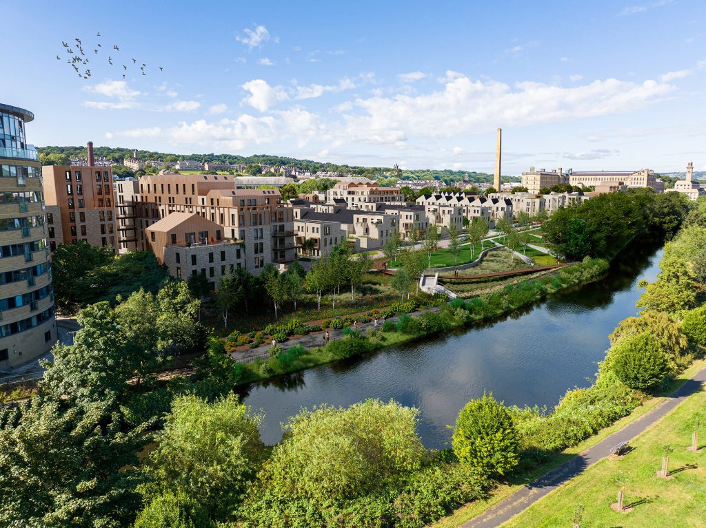 View of proposed new housing along River Aire with new riverside park backdropped by Salts Mill and Saltaire
