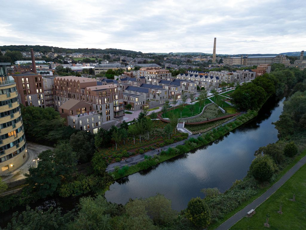 View of proposed Saltaire Riverside new housing along River Aire with new riverside park backdropped by Salts Mill and Saltaire