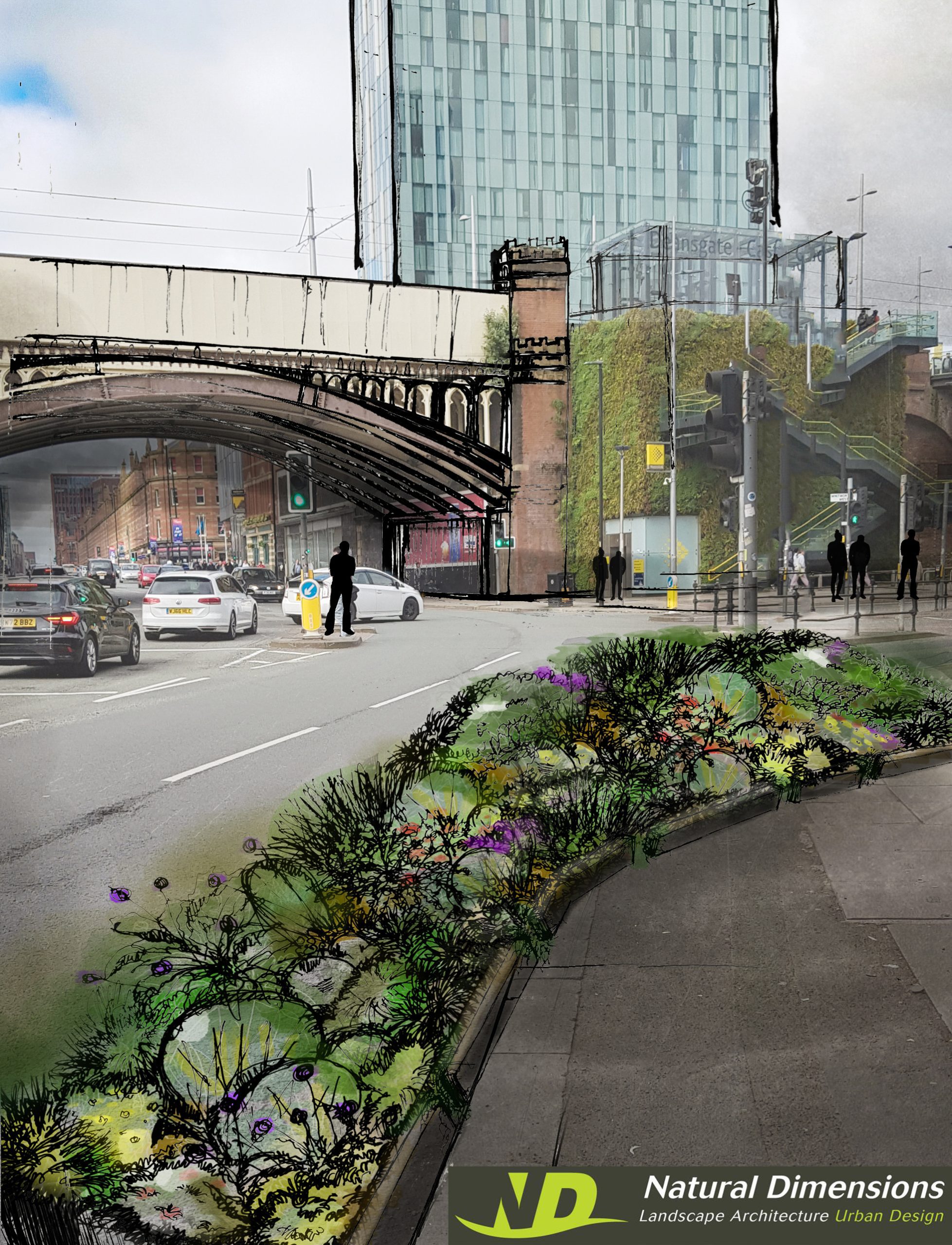 Sketch of proposed rain gardens on Deansgate in Manchester City Centre.