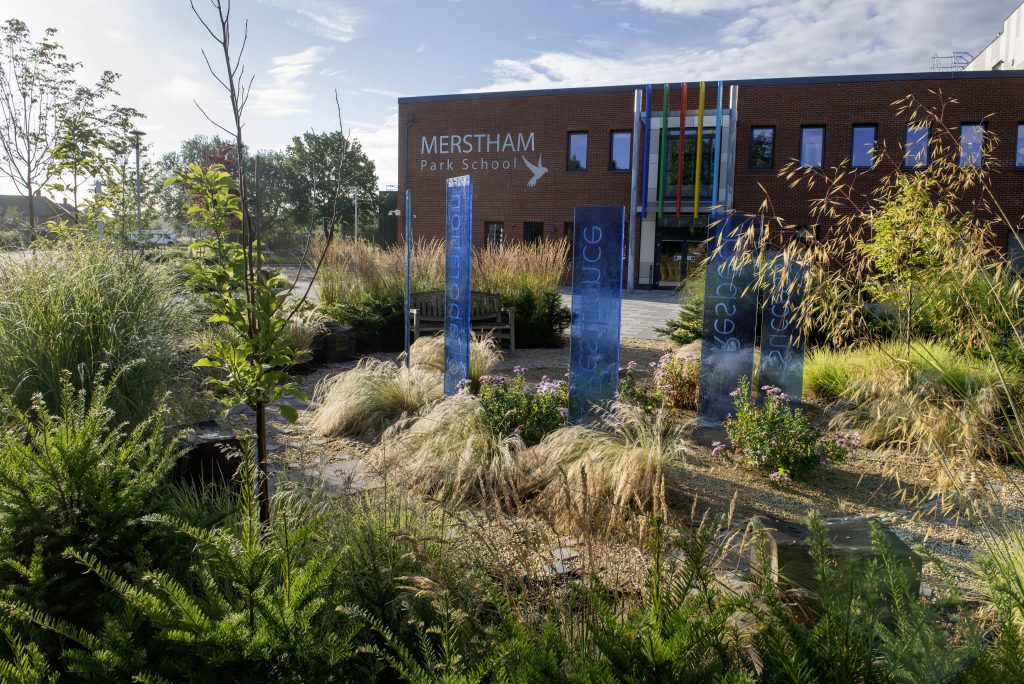 Martin Beard memorial garden and Merstham Park school entrance