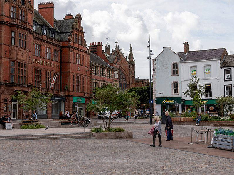 Historic buildings in a town square