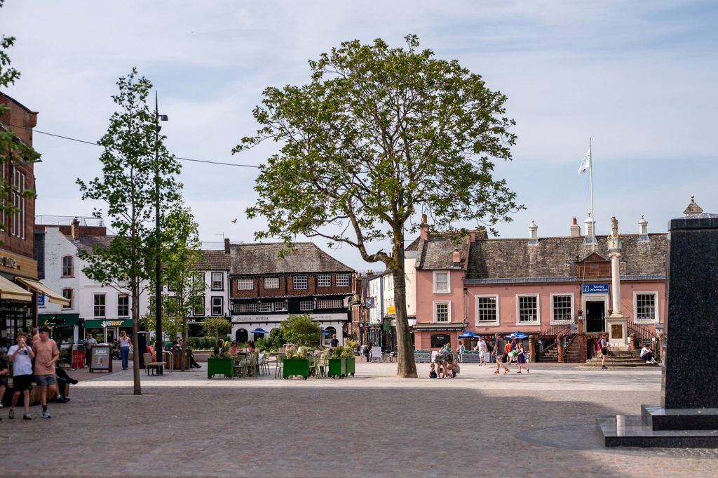 Outdoor dining area town hall and war memorial in Carlisle Market Square