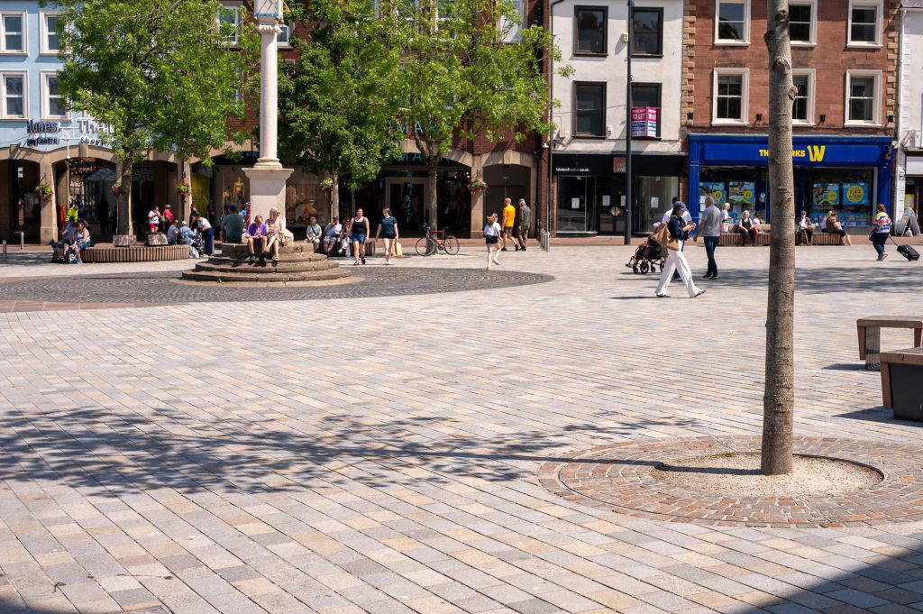 paving styles in Carlisle Market Square with view of Market Cross